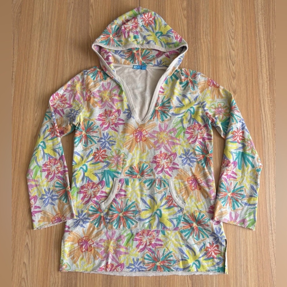 Fresh Produce Floral Tunic Hoodie Coverup XL French Terry Colorful Artsy Beachy